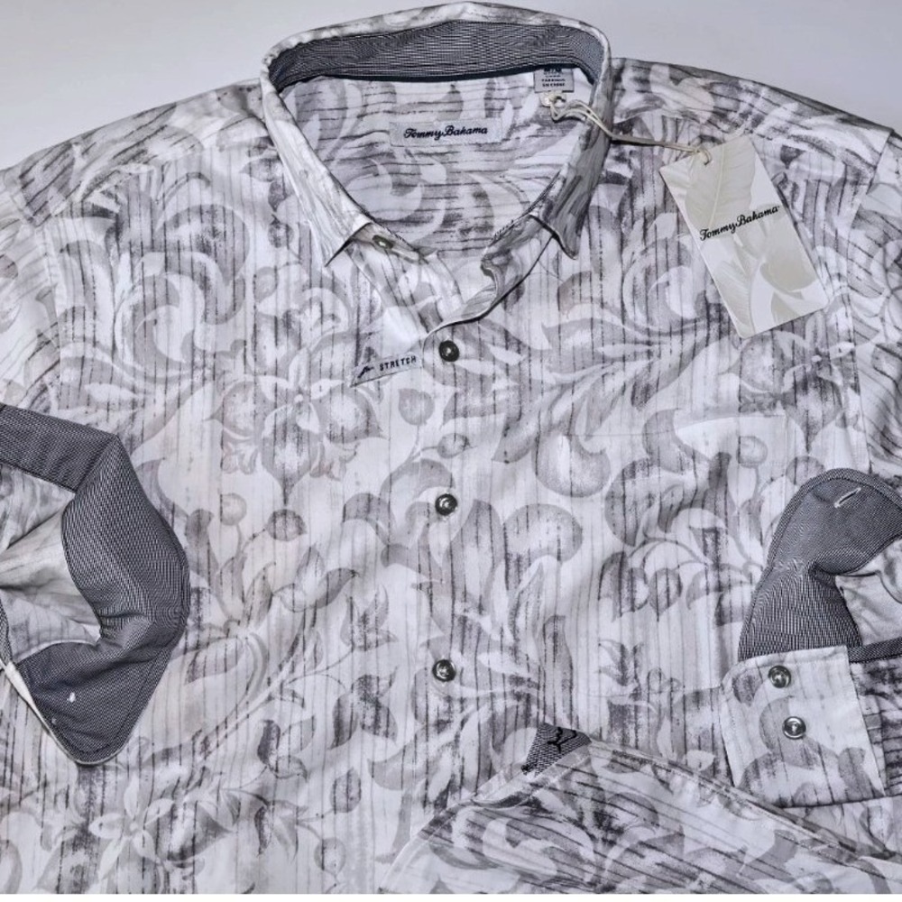 Tommy Bahama Mens 2XL Lazlo Lux Shark Grey Long Sleeve Stretch‎ Silk Shirt NWT
